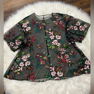 Kimchi Blue by Pacsun Sheer black blouse with embroidered flowers size Small